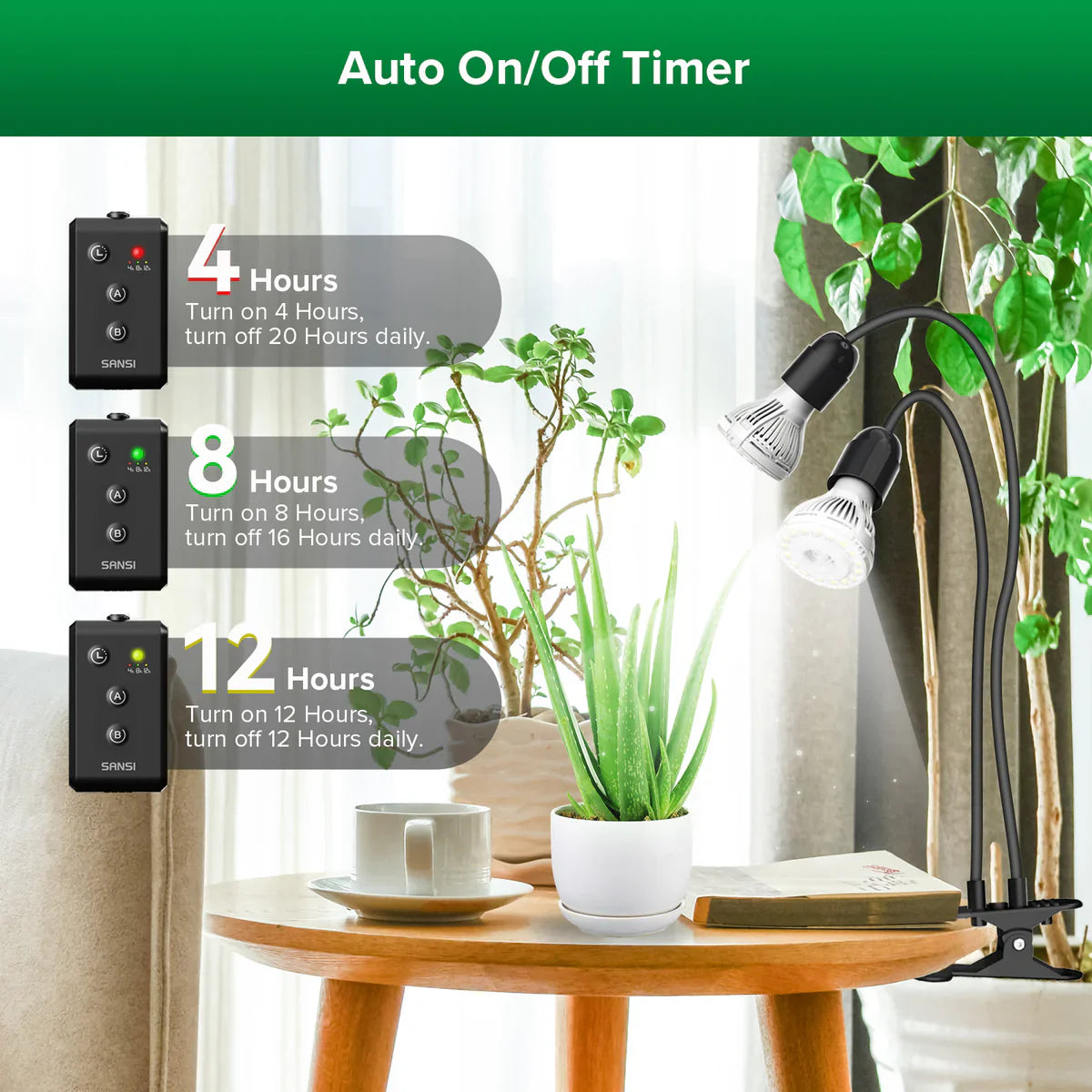 SANSI 20W LED nastavitelná lampička pro růst rostlin s časovačem