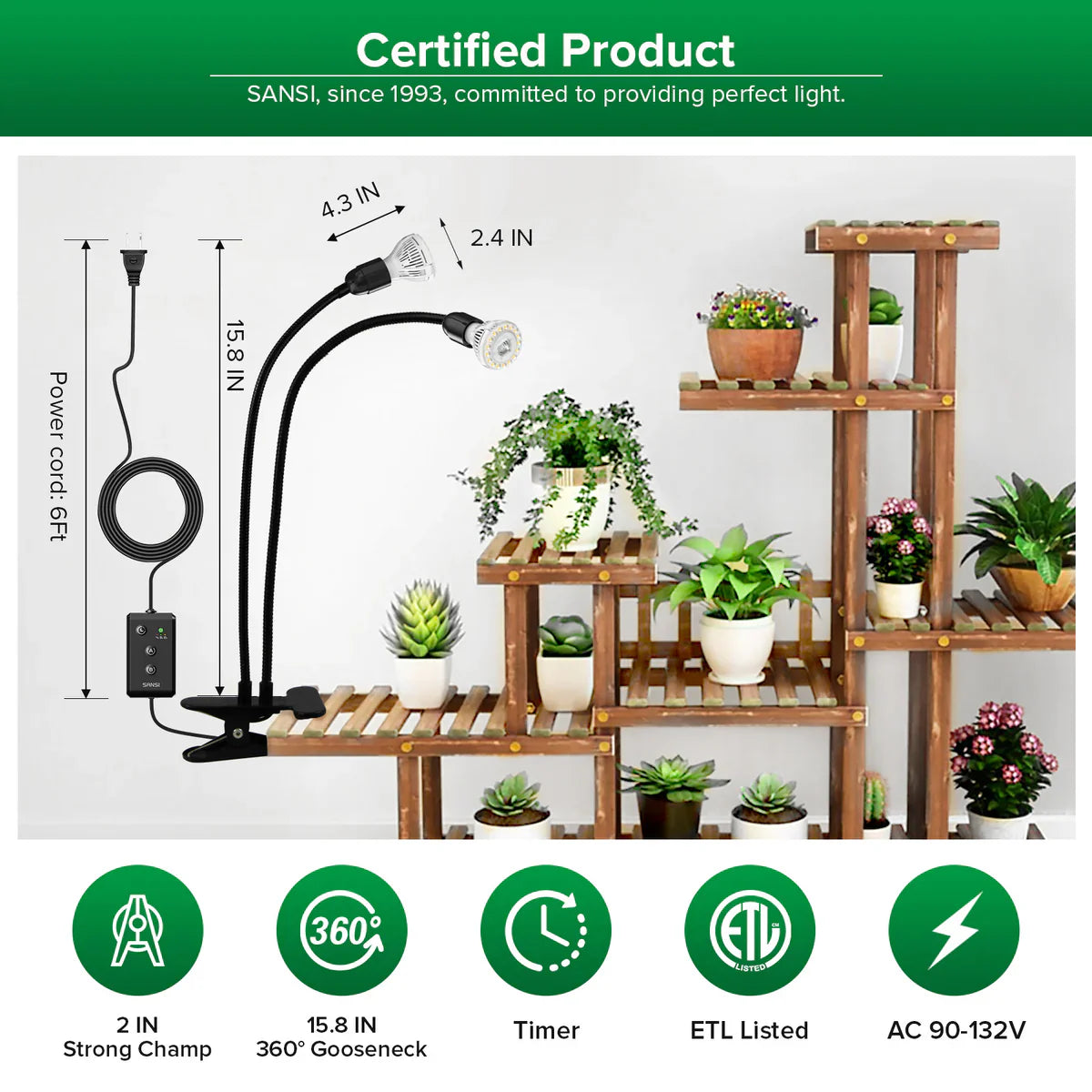 SANSI 20W LED nastavitelná lampička pro růst rostlin s časovačem